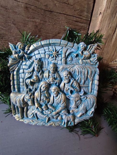 Plăcuță decorativă ceramică pictată Scenă Nașterea Domnului, stil vintage de Crăciun