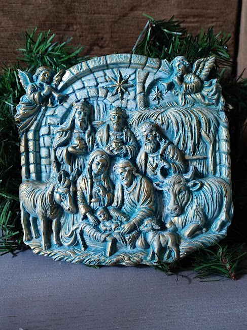 Plăcuță decorativă ceramică pictată Scenă Nașterea Domnului, stil vintage de Crăciun