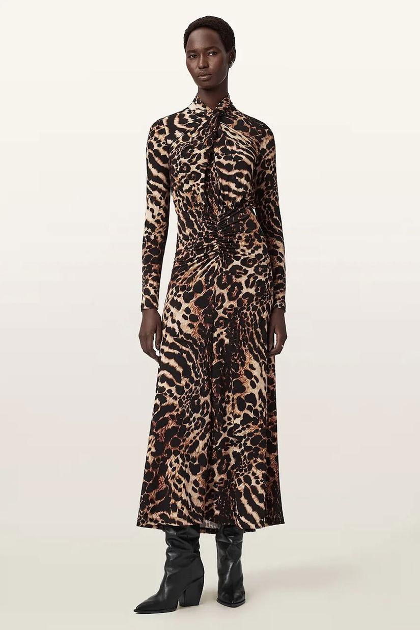 AllSaints rochie culoarea maro, maxi, evazați, W206DD