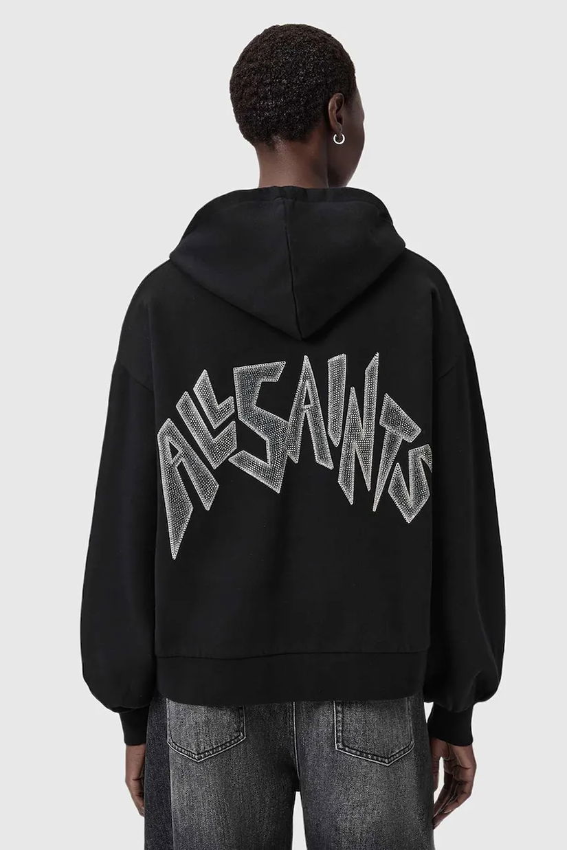 AllSaints hanorac de bumbac culoarea negru, cu glugă, cu imprimeu, W090JD
