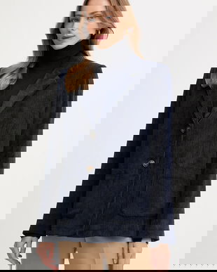 United Colors of Benetton sacou din velur culoarea bleumarin, un singur rand de nasturi, uni, 2Q5GDW03I