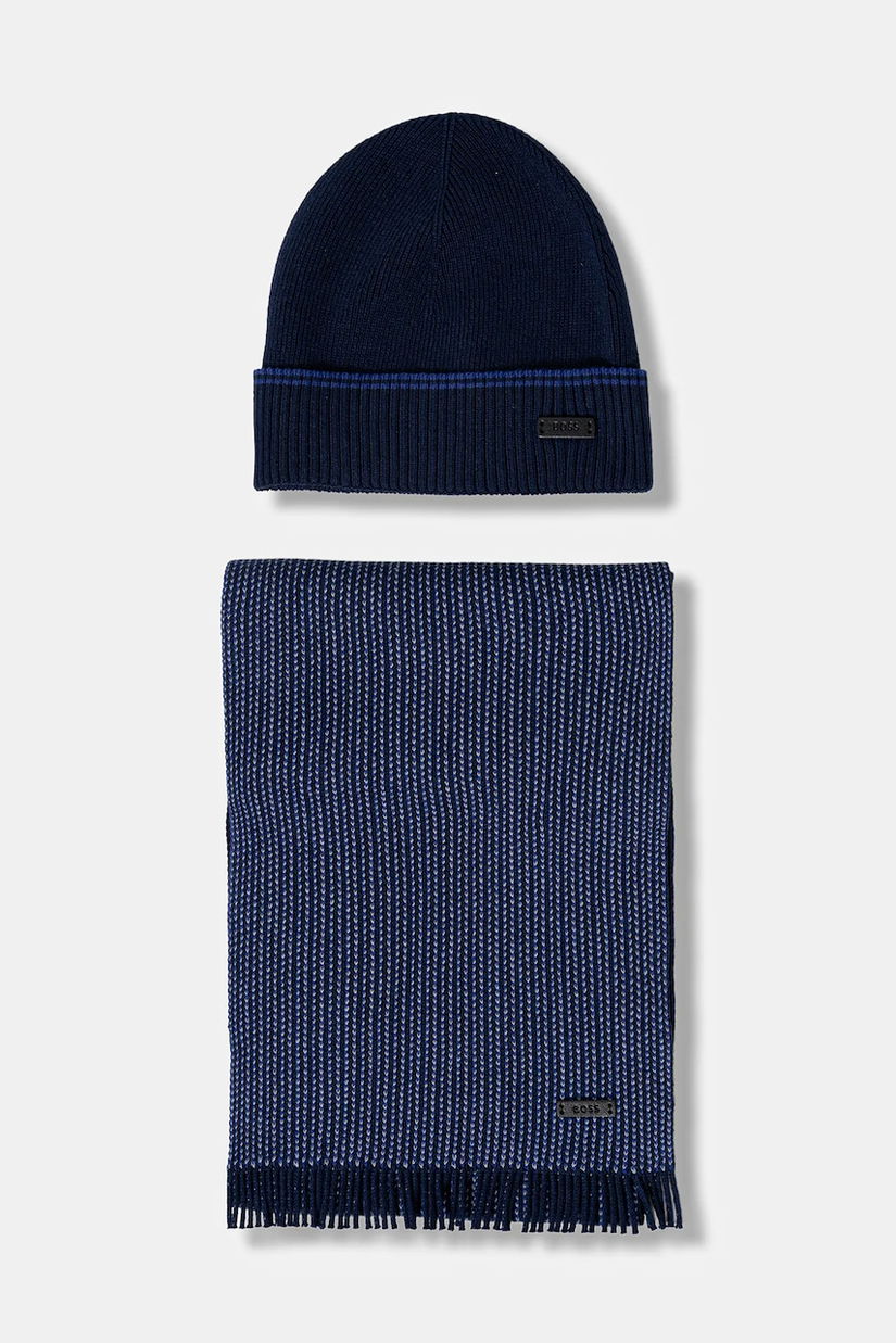 BOSS căciulă și fular din lână culoarea bleumarin, 50548858