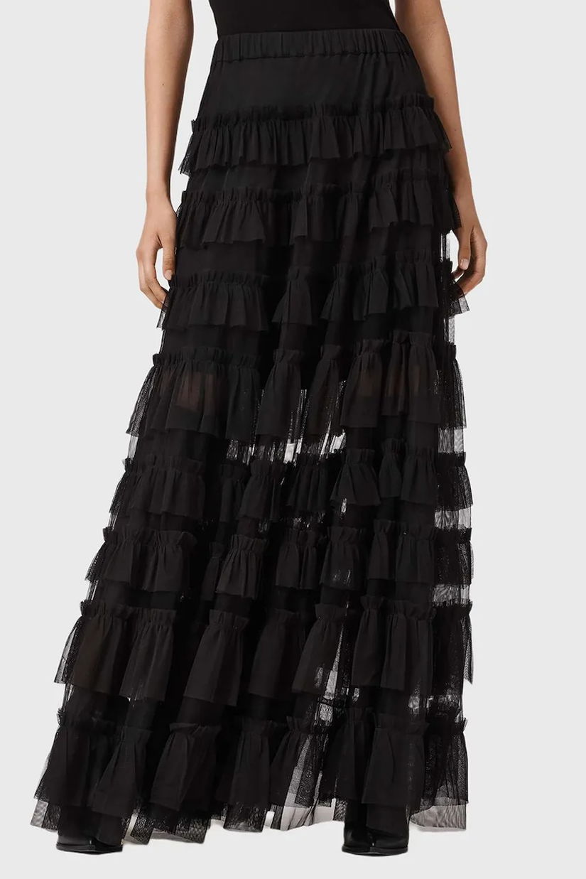 AllSaints fustă culoarea negru, maxi, evazați, W071RD