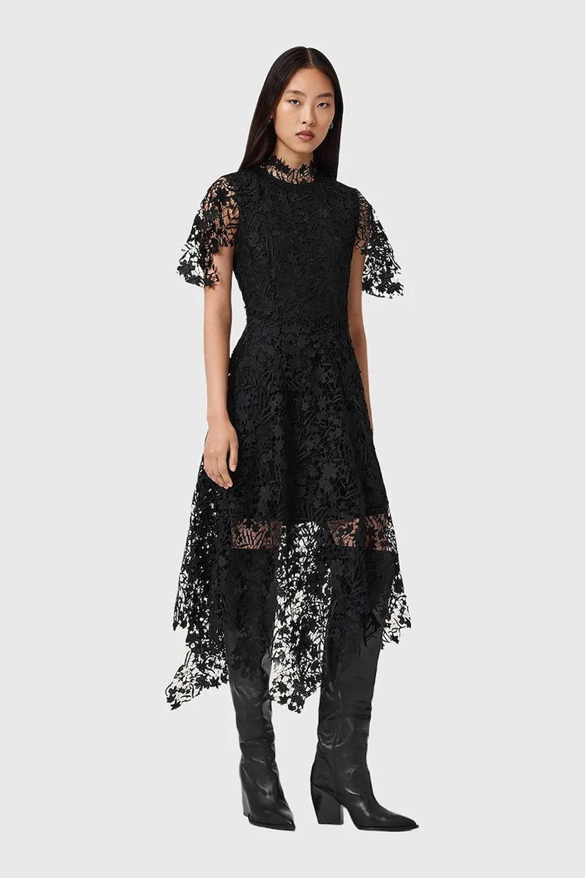 AllSaints rochie culoarea negru, midi, evazați, W167DD