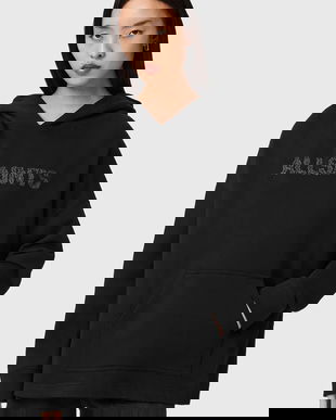 AllSaints hanorac de bumbac culoarea negru, cu glugă, cu imprimeu, W118JD