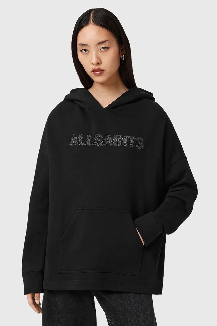 AllSaints hanorac de bumbac culoarea negru, cu glugă, cu imprimeu, W118JD