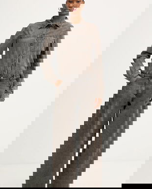 Haveone salopetă jeans culoarea gri, bumbac, cu guler, YGZ-P009