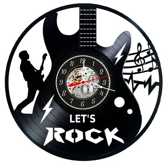 Ceas de Perete din Disc de Vinil, Decorativ, Tema Rock Chitara, Negru, Mecanism Silentios 30x30 cm