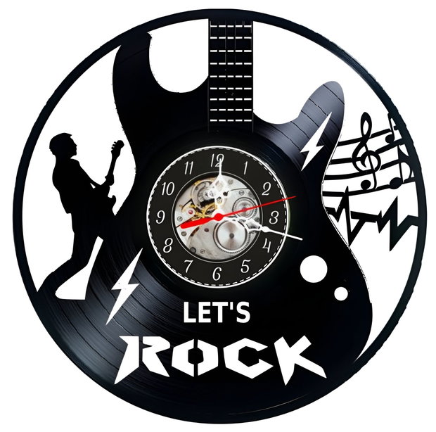 Ceas de Perete din Disc de Vinil, Decorativ, Tema Rock Chitara, Negru, Mecanism Silentios 30x30 cm