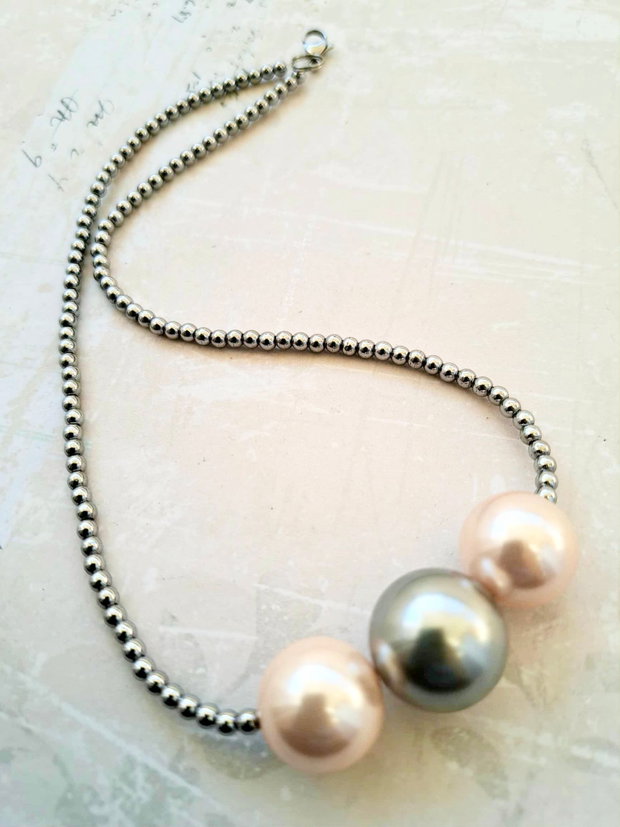 Colier CHOKER hematite argintii & perle Mallorca