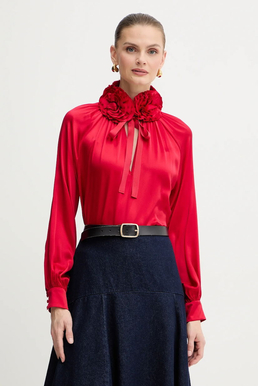 Luisa Spagnoli bluză de mătase culoarea roșu, cu imprimeu, 542316