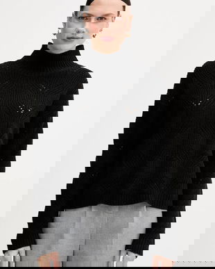 United Colors of Benetton pulover din amestec de lână culoarea negru, light, cu turtleneck, 1FDFD10F2