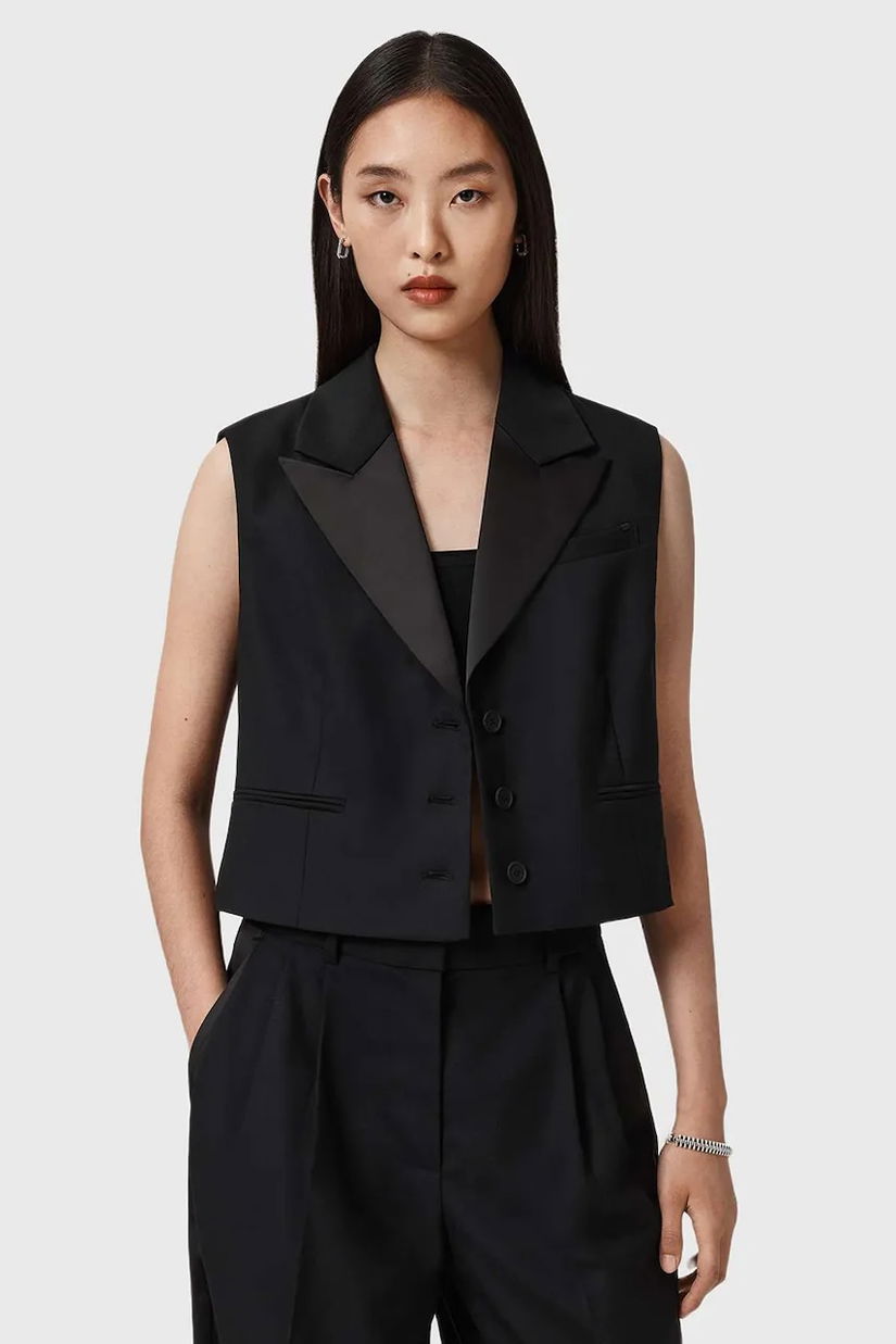 AllSaints vestă din amestec de lână culoarea negru, un singur rând de nasturi, W053QD