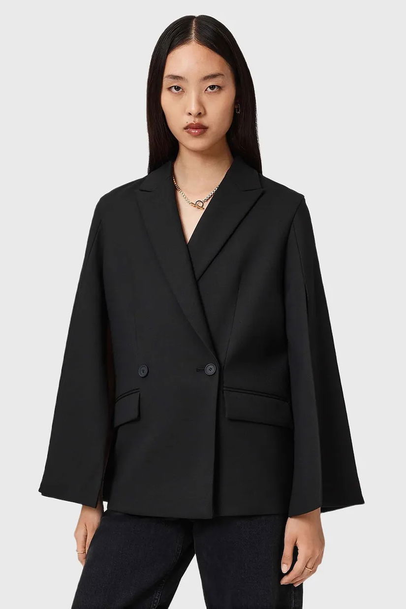 AllSaints sacou culoarea negru, cu doua rânduri de nasturi, uni, W050QD