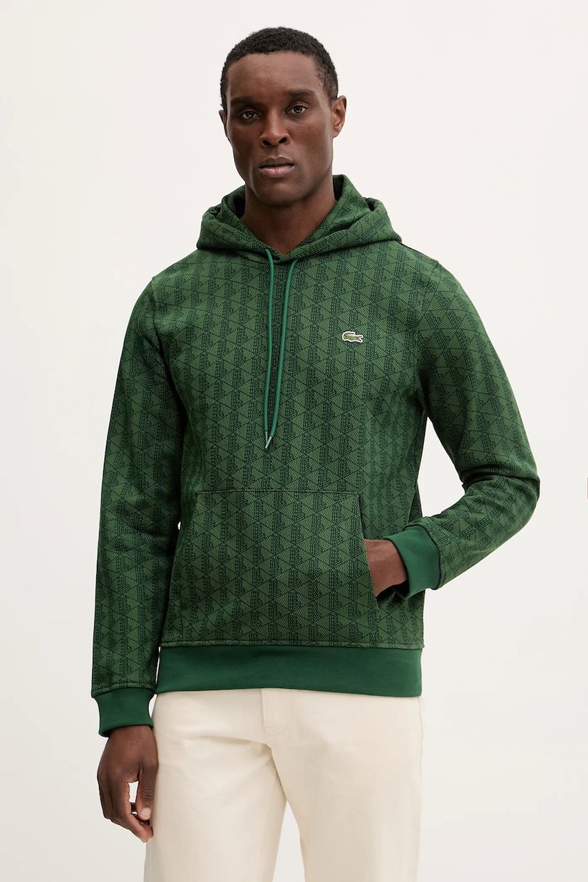 Lacoste hanorac de bumbac culoarea verde, cu glugă, cu imprimeu, SH5885