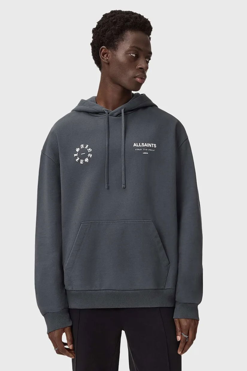 AllSaints hanorac de bumbac culoarea negru, cu glugă, cu imprimeu, M018ND