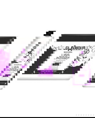 Set sampon (1000ml) si masca de netezire (1000ml) pentru parul rebel, Liss Intense cu efect de botox, Glamour