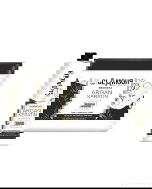 Set pentru par uscat, sampon (1000 ml) si masca (1000 ml) cu argan si keratina cu efect de botox, Glamour