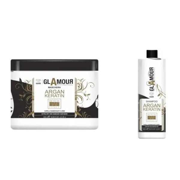 Set pentru par uscat, sampon (1000 ml) si masca (1000 ml) cu argan si keratina cu efect de botox, Glamour