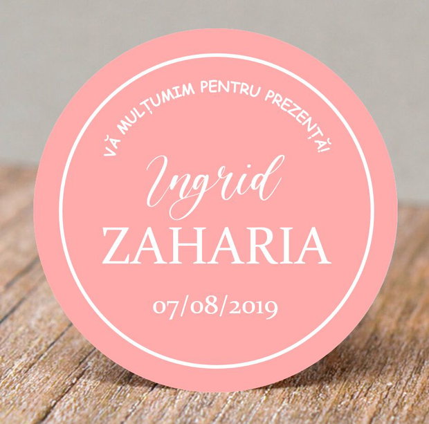 Etichete mărturii botez fetițe design elegant, fundal roz și text alb