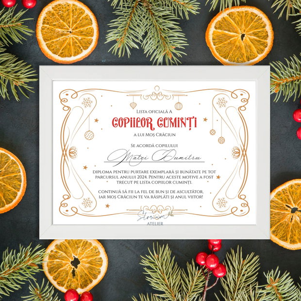 Diploma personalizata Craciun. Diploma cadou de la Mos Craciun. Cadou Craciun copii