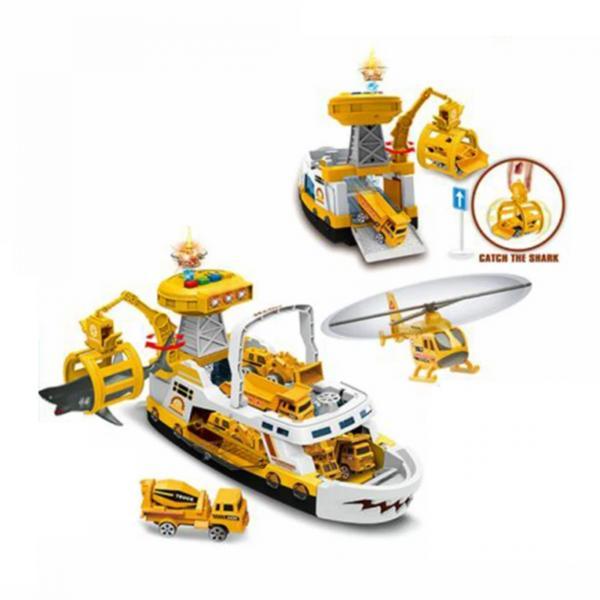 Barca pentru copii cu macara si catapulta culoare galbena Shark Attack
