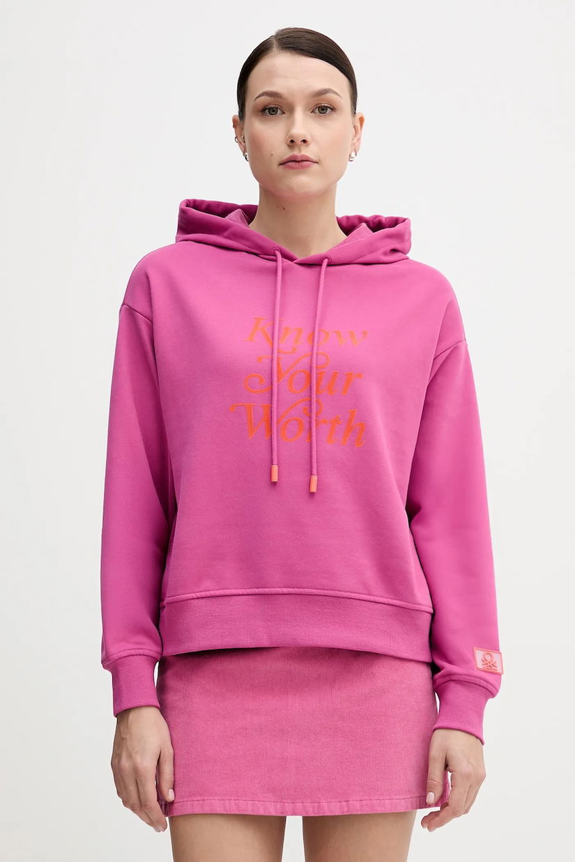 United Colors of Benetton bluză culoarea roz, cu glugă, cu imprimeu, 3WNWD201C