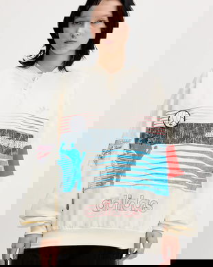 adidas Originals bluză Summersp Crew culoarea bej, cu glugă, cu imprimeu, JW0148