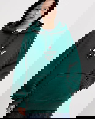 Tommy Jeans hanorac de bumbac culoarea verde, cu glugă, cu imprimeu, DN0DN00099