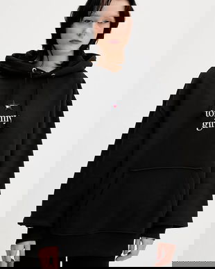 Tommy Jeans hanorac de bumbac culoarea negru, cu glugă, cu imprimeu, DN0DN00099