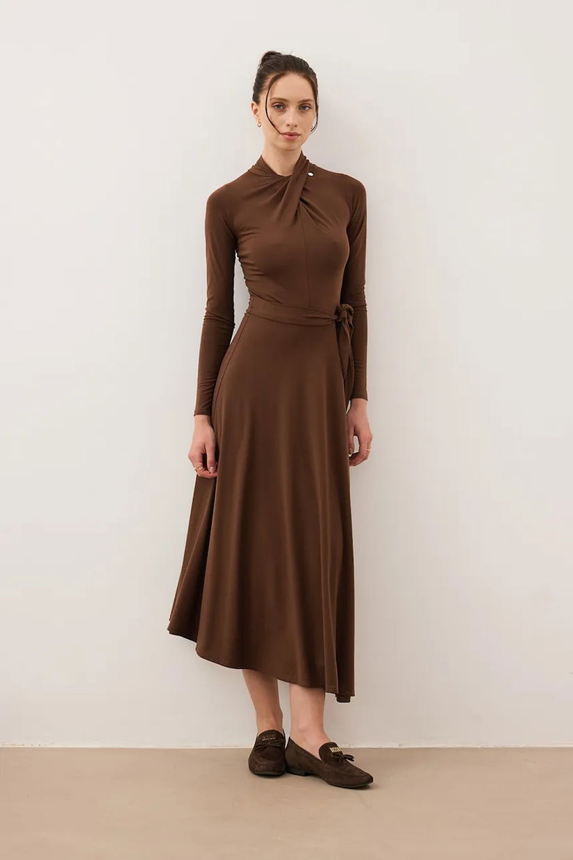 Bizuu rochie ROTTA culoarea maro, midi, evazați, ROTTA BRĄZOWY