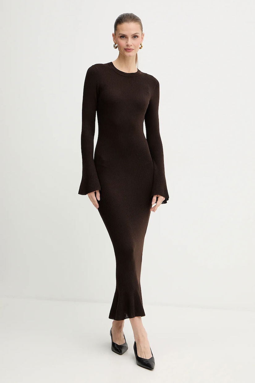 Luisa Spagnoli rochie din lână culoarea maro, maxi, mulată, 100225