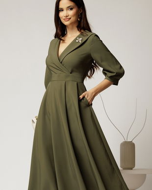 Rochie office din stofa kaki cu bust petrecut si rever