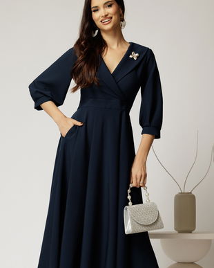 Rochie office din stofa bleumarin cu bust petrecut si rever