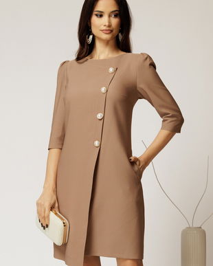 Rochie office din stofa bej cu nasturi perlati