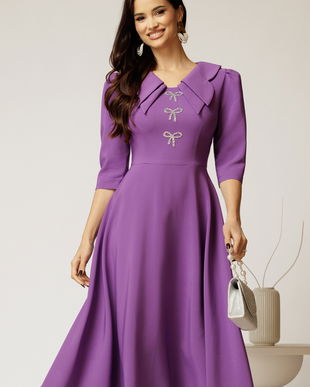 Rochie midi mov cu guler dublu si funde argintii