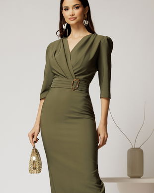 Rochie kaki conica cu decolteu petrecut si cordon in talie