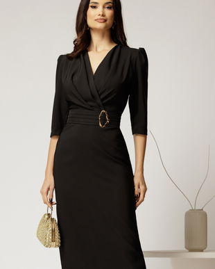 Rochie neagra conica cu decolteu petrecut si cordon in talie