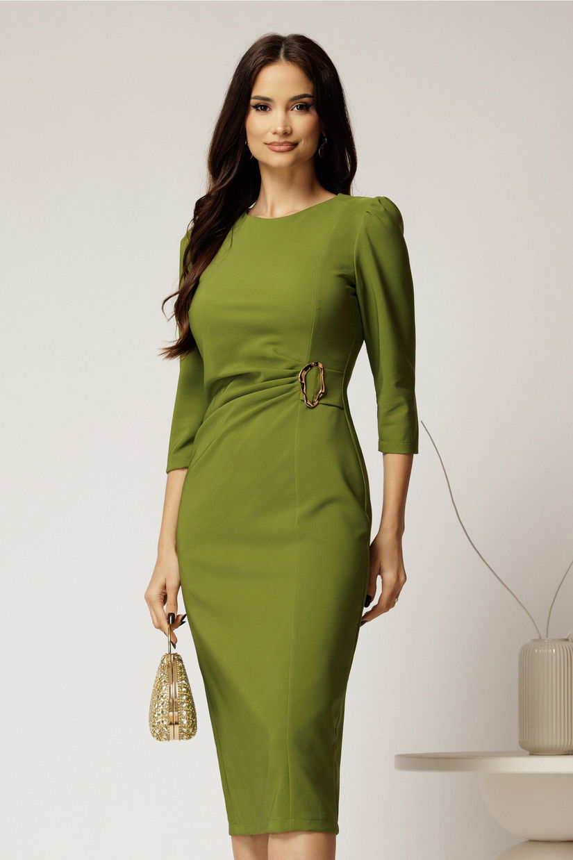 Rochie midi verde fistic eleganta cu accesoriu pe talie si pliuri