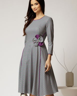 Rochie midi din stofa carou verde si finisaje mov