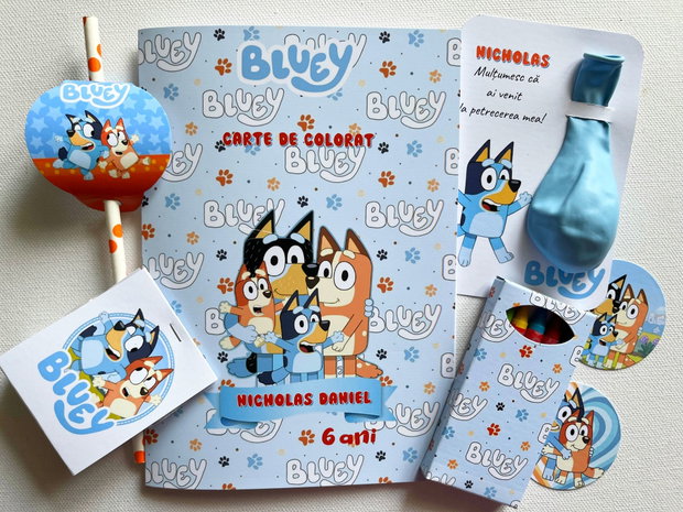 Set aniversar personalizabil Bluey carte de colorat, dulciuri, balon și accesorii petrecere