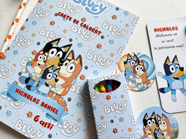 Set aniversar personalizabil Bluey carte de colorat, dulciuri, balon și accesorii petrecere