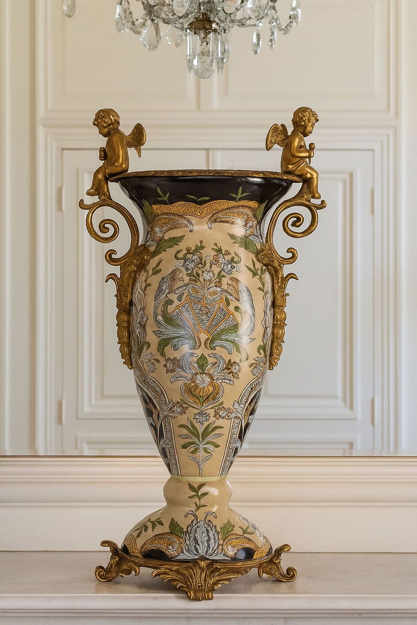 Amfora Craquelle din portelan cu ingerasi din bronz