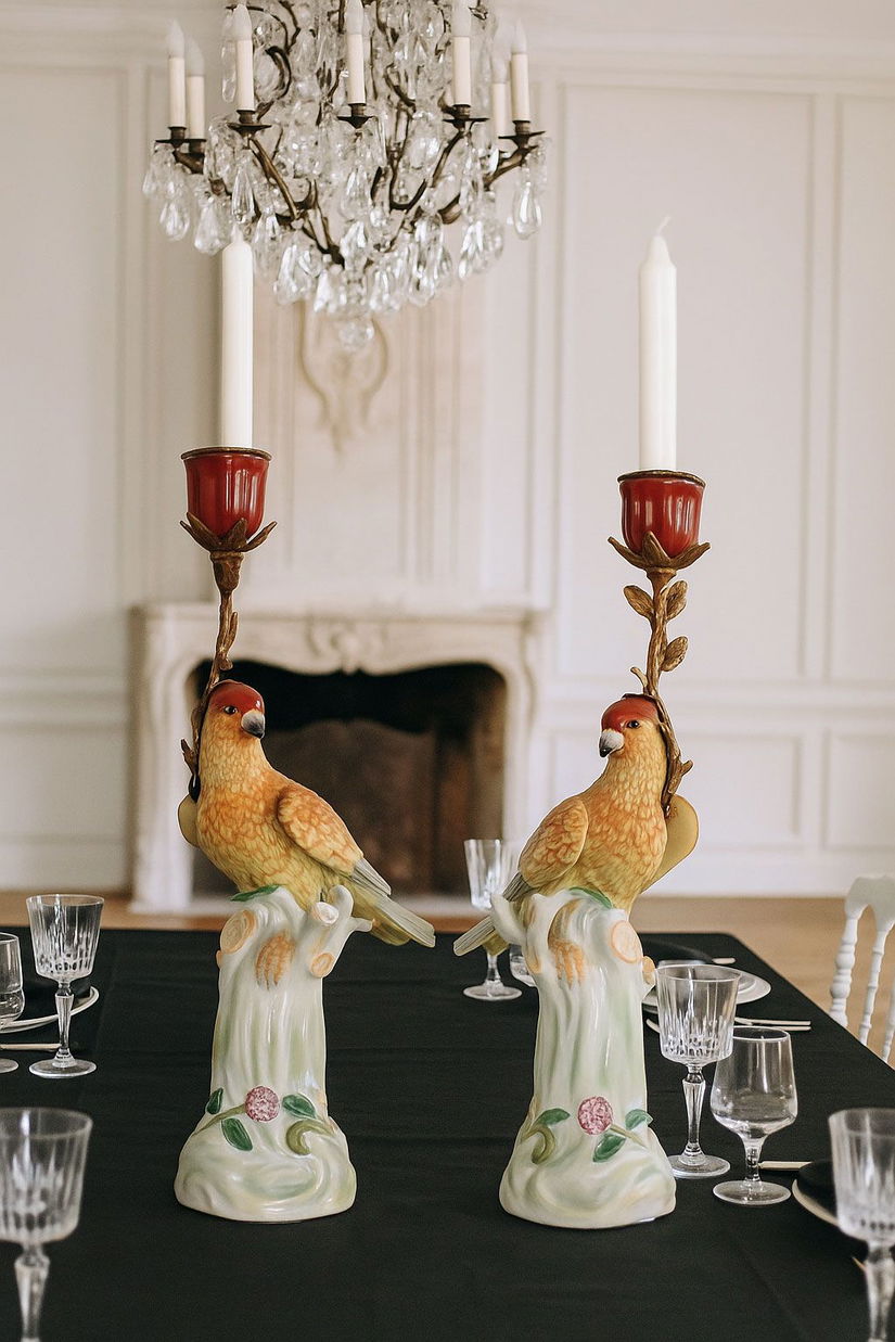 Set doua sfenice papagali din portelan Craquelle