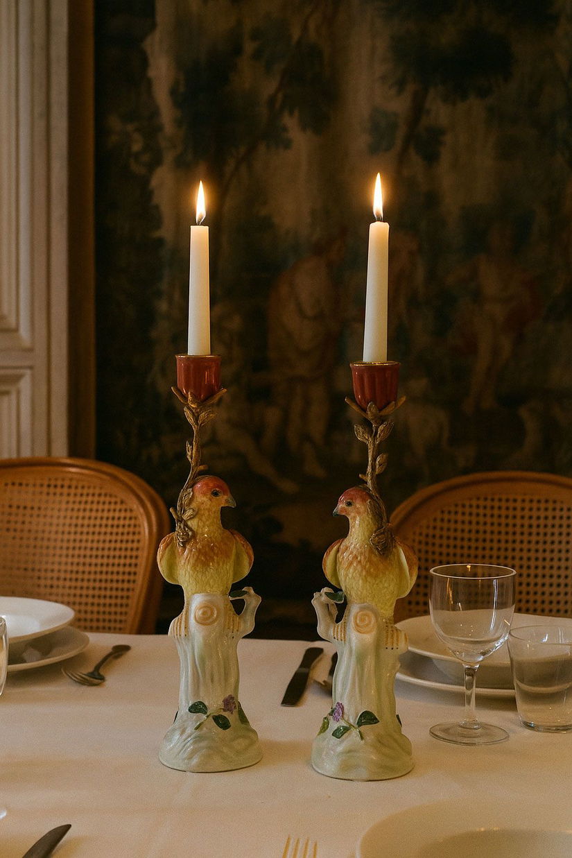 Set doua sfenice papagali din portelan Craquelle