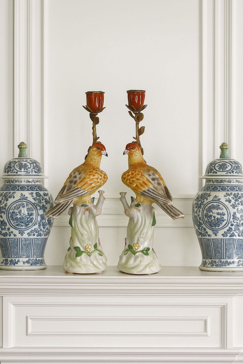 Set doua sfenice papagali din portelan Craquelle