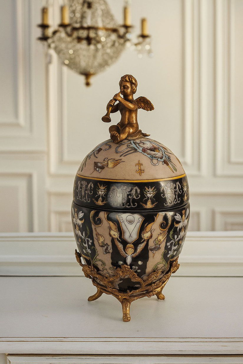 Bomboniera ou din portelan cu ingeras din bronz