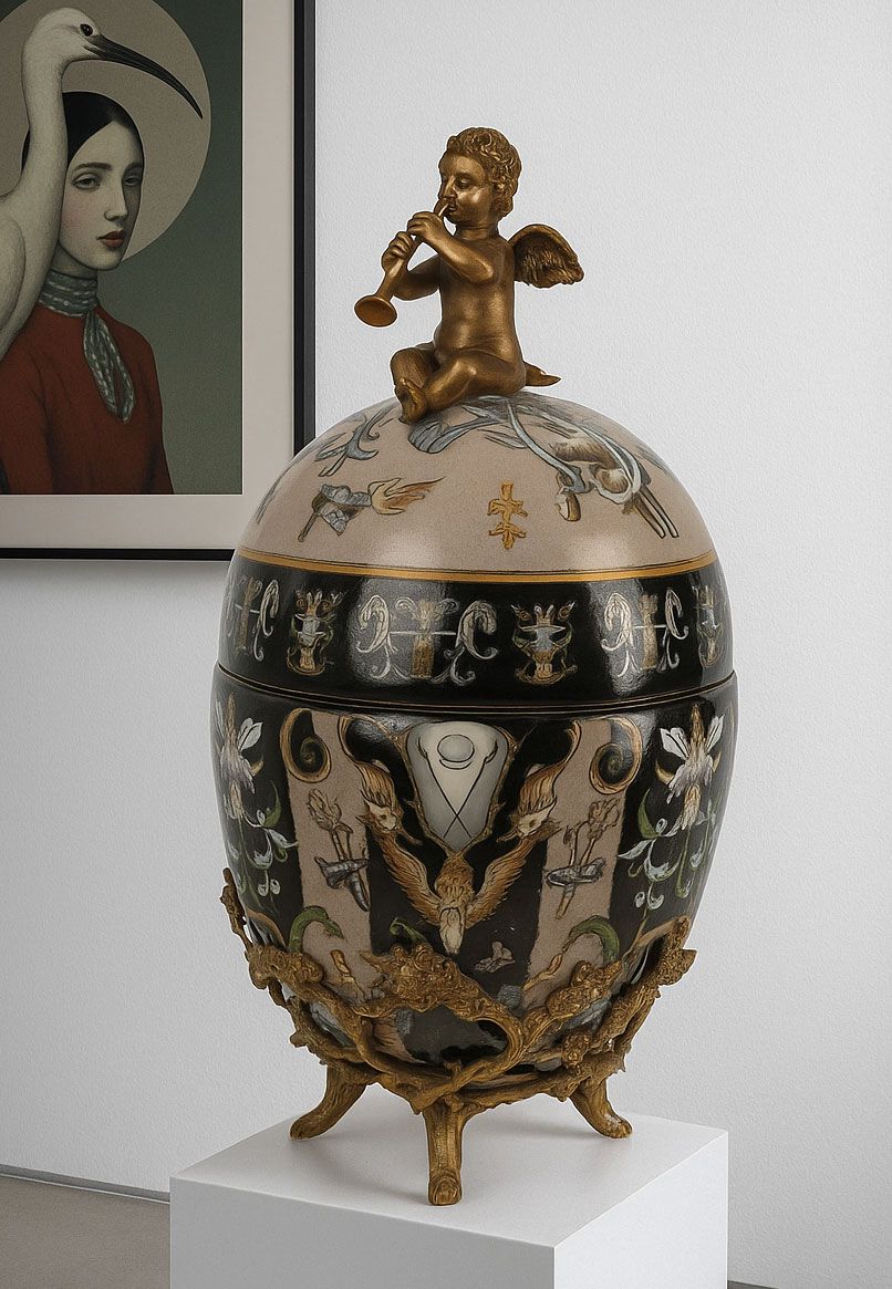 Bomboniera ou din portelan cu ingeras din bronz