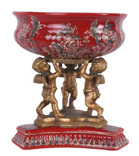 Fructiera Craquelle din portelan cu trei ingerasi din bronz