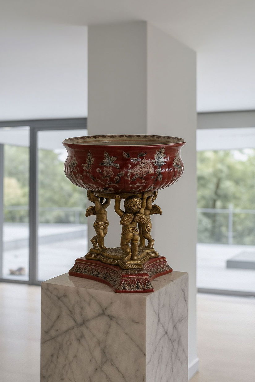 Fructiera Craquelle din portelan cu trei ingerasi din bronz